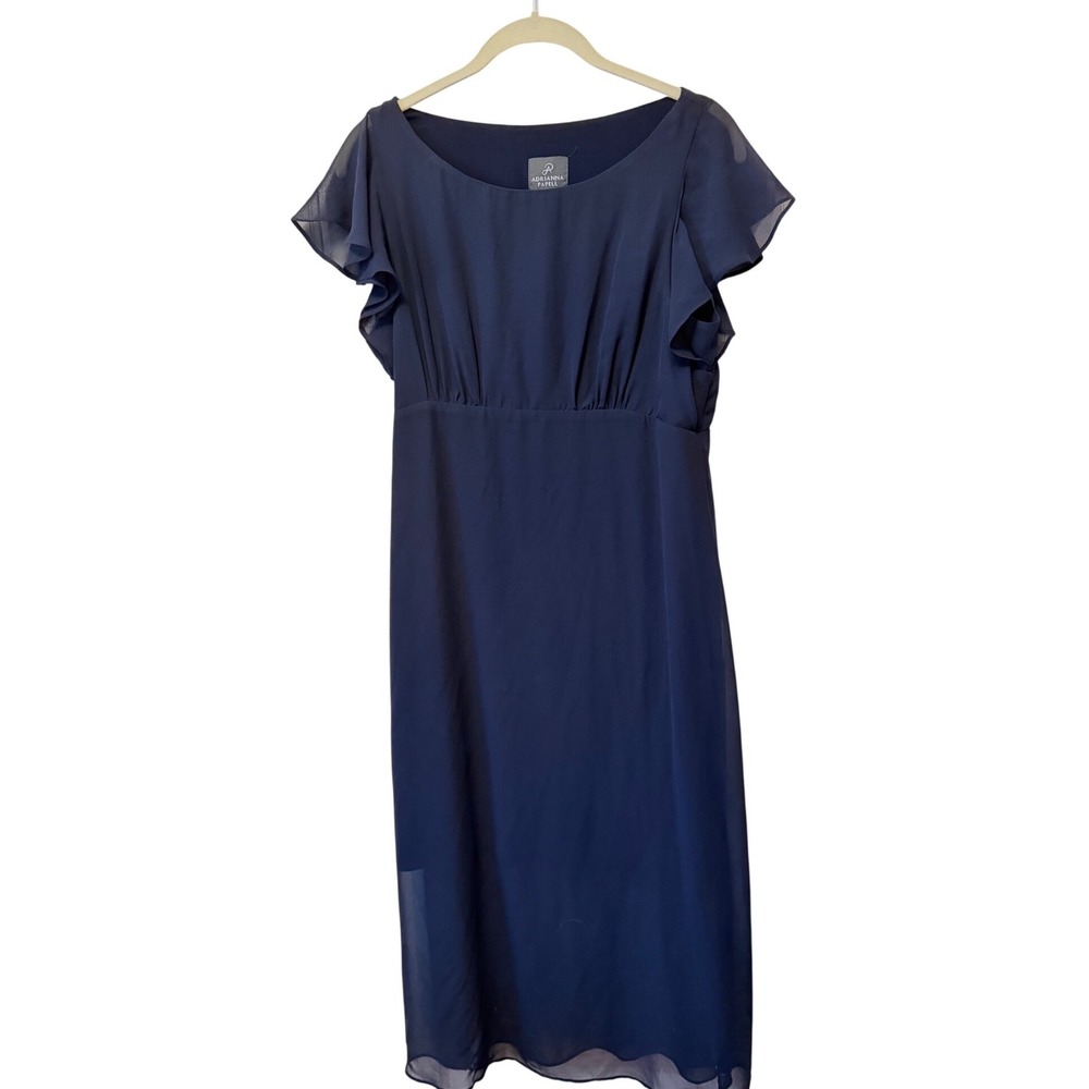 Adrianna Papell Navy Blue Flutter Sleeve Empire Waist Chiffon Midi Dress Size 10 - Picture 2 of 11